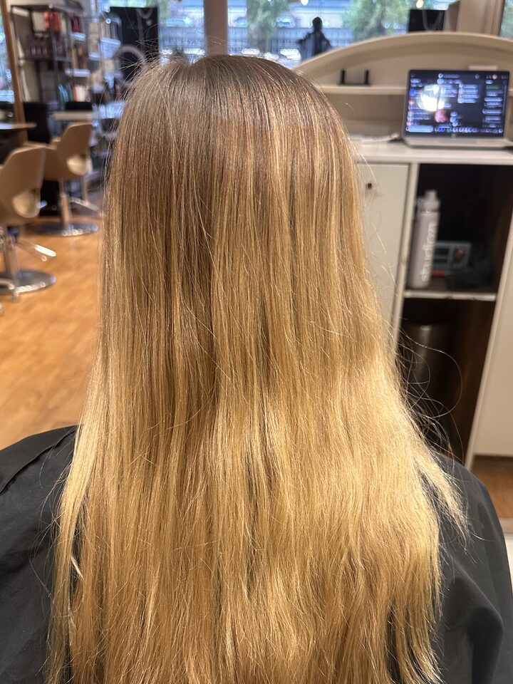 Long hair with a golden, warm tone before the treatment